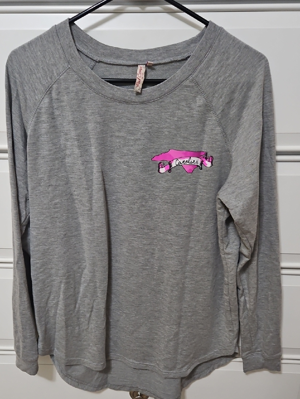 Red Camel Gray Long-Sleeve Tee with Pink Carolina Graphic